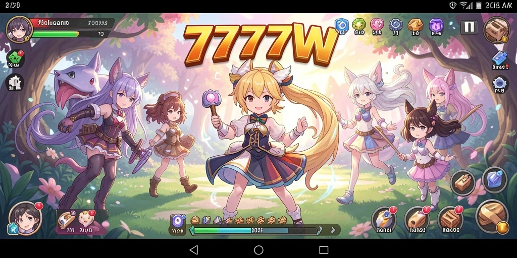 Screenshot gameplay dari 7777W yang penuh aksi dan karakter Anime.
