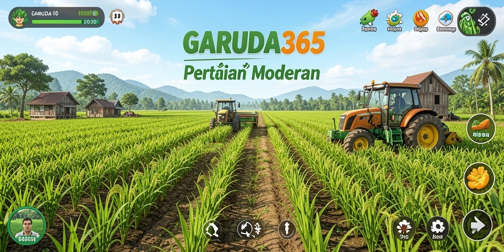 Tampilan gameplay GARUDA365 dengan ladang yang subur dan hewan ternak.