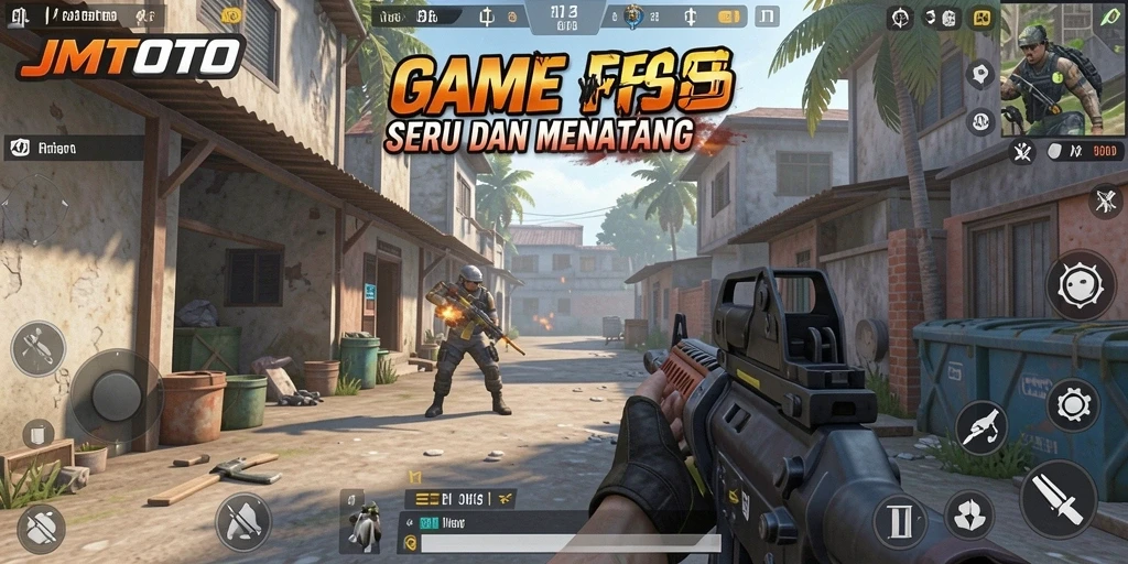 Tampilan gameplay JMTOTO yang mengesankan di medan perang FPS.
