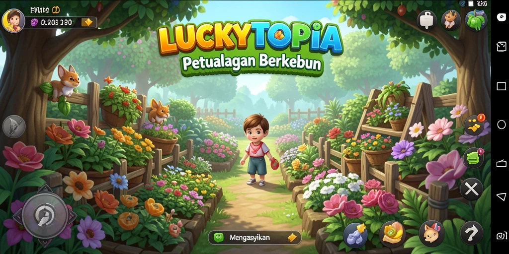 Tangkapan layar LUCKYTOPIA menampilkan kebun yang indah dengan berbagai tanaman.