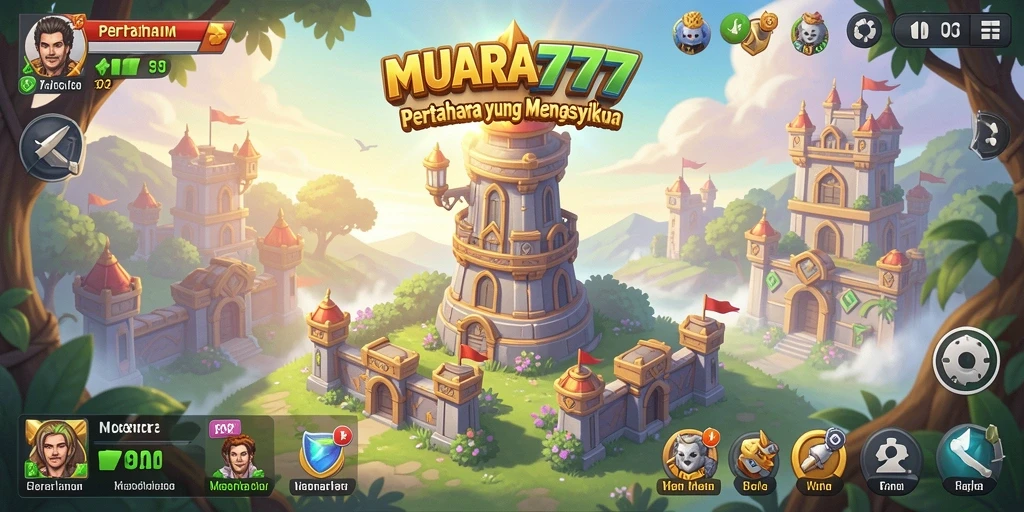 Tampilan menara berwarna-warni dan aksi seru dalam permainan Tower Defense.