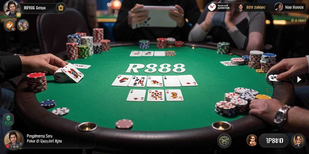 Screenshot gameplay RP888 menunjukkan suasana seru dan interaksi antar pemain poker.